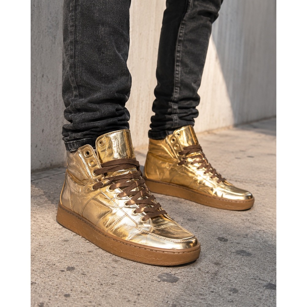 Saint Laurent SL/10H Metallic Leather High Top Sneakers Gold‎ Mens US 7.5